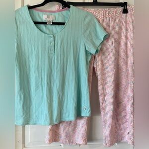 Karen Neuburger Women’s Teal SS Top Checkered Pastel Pajamas Crop Pant Sz MED.